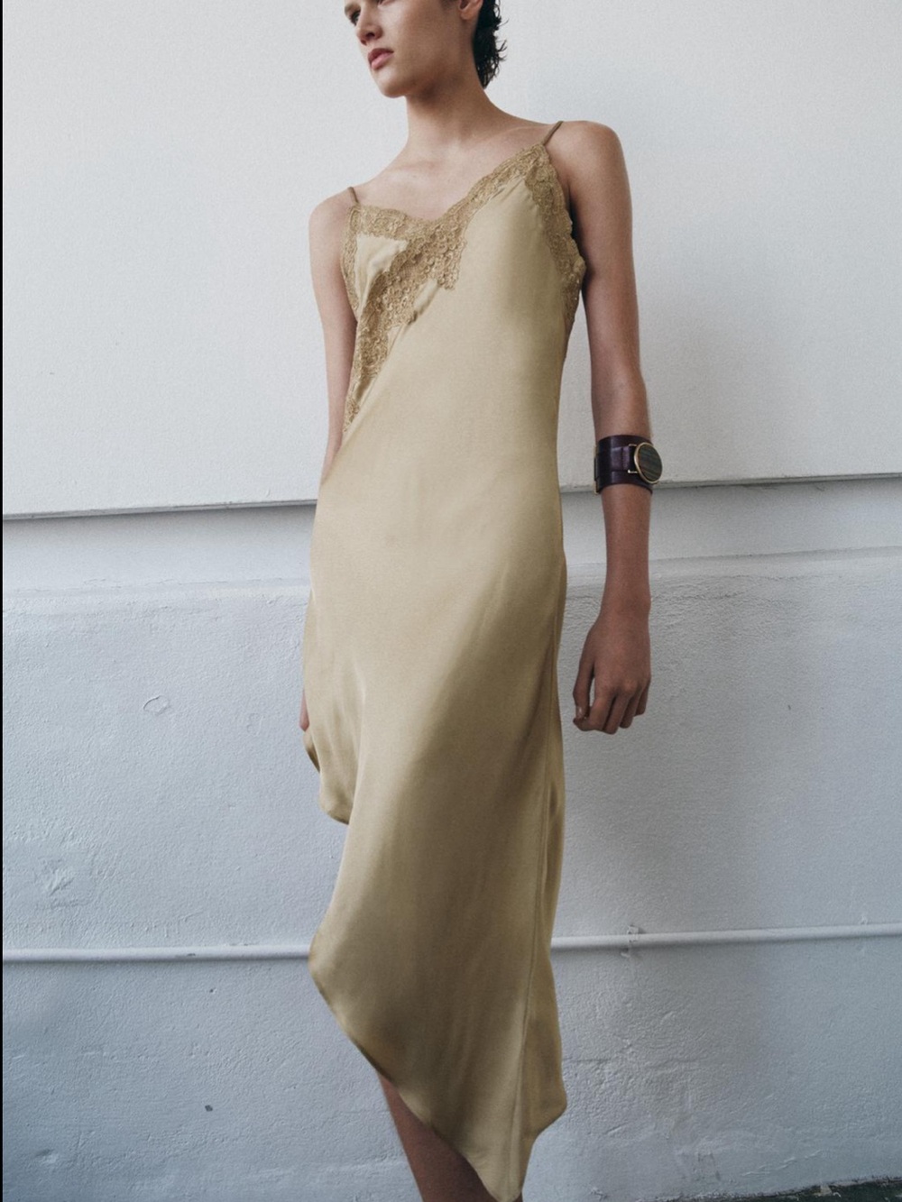 Zara Golden-Tan Asymmetrical Slip Dress with Lace Trim